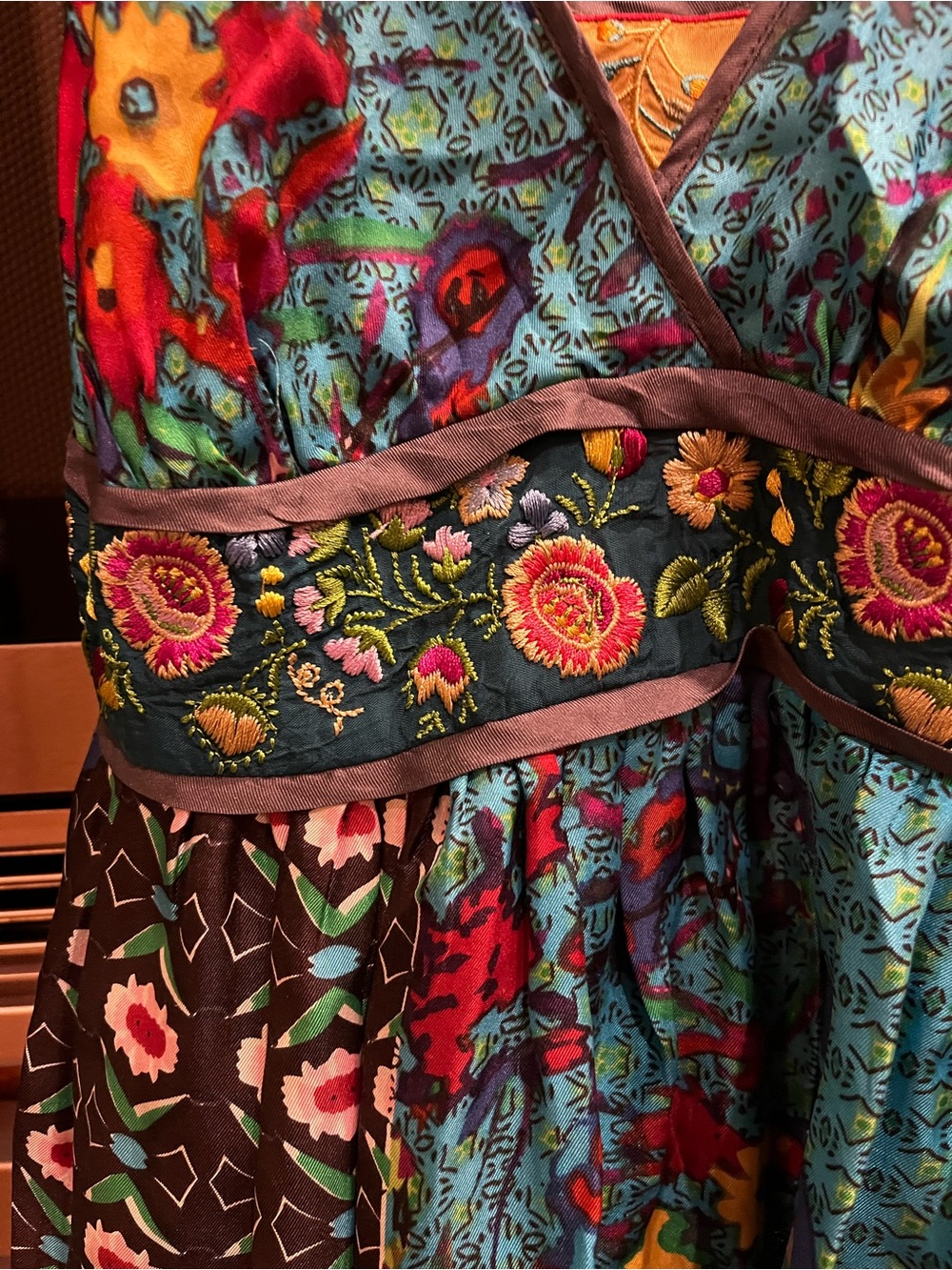 Johnny Was Silk Vibrant Floral Patchwork Sundress in Teal & Multi - Picture 11 of 16